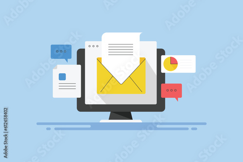 Business communication marketing email message on computer screen, chat bubble and sending document with email, Vector illustration web banner template. © Sammby