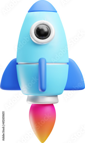 Blue spaceship rocket flying with flame is ejected from nozzles, 3d rendering. Toy rocket launch. Successful startup, financial growth, business product launch, space concept vector illustration