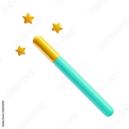 Magic wand 3d realistic style rendering vector illustration. Light blue stick with golden stars and sparkles. Magician, wizard, fairy, princess accessory isolated on white background
