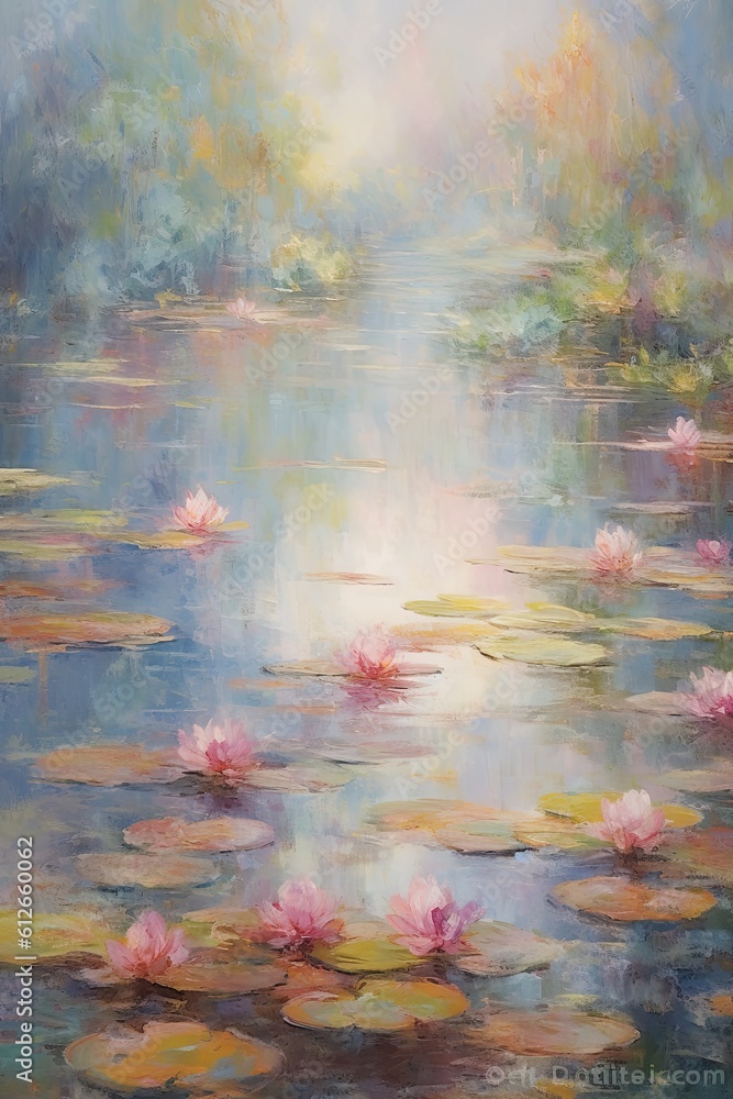 Lilies in the pond. AI generated art illustration.