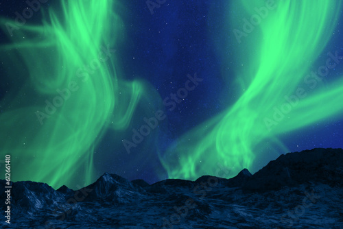 Aurora Borealis or Northern Lights, mountains  landscape at night.