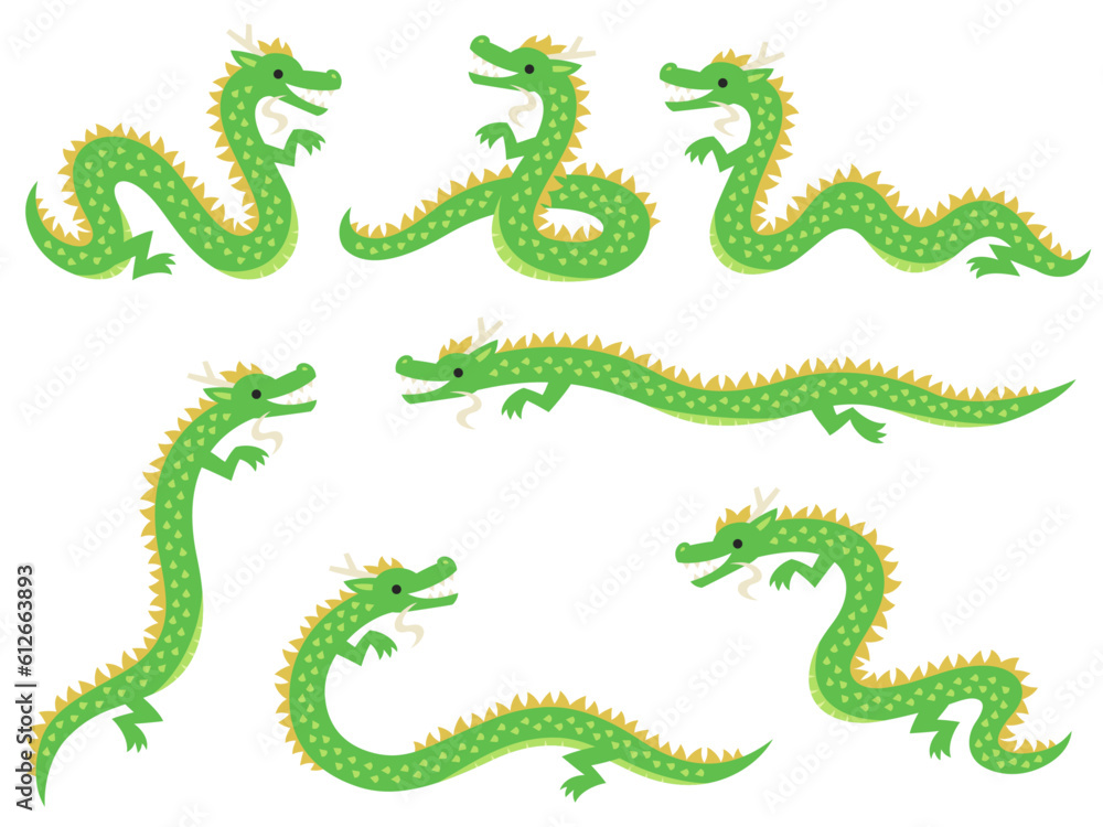 Obraz premium 緑色の龍のイラストセット