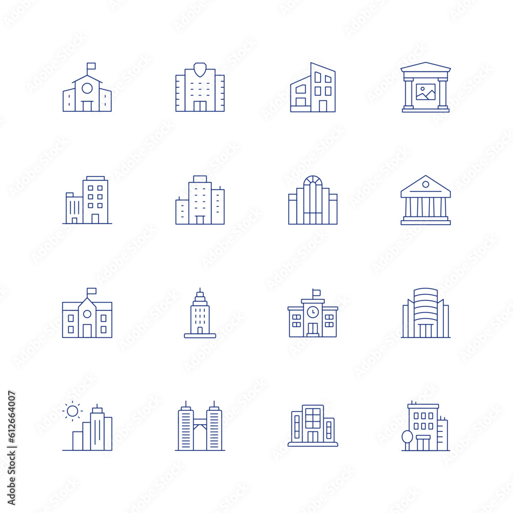 Building line icon set on transparent background with editable stroke. Containing middle school, migration, modern house, museum, office building, office, parliament, politics, school, skyscraper.