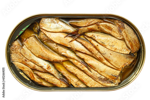 Sprats in oil in an oval open jar isolated on a transparent background.
