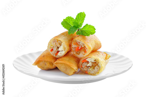 Fried Chinese Traditional Spring rolls food in ceramic plate (beautiful shape) on transparent png