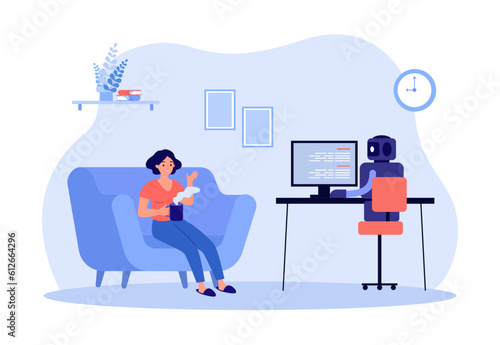 Happy woman on couch talking to robot vector illustration. AI working on computer while human relaxing, creating and sharing ideas, saving budget. Good aspects of AI, smart technology concept