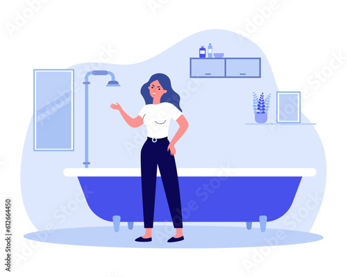 Angry woman waiting for water from tap vector illustration. People worrying about water restrictions, empty bathtub in bathroom. Water shortages, drought, crisis concept