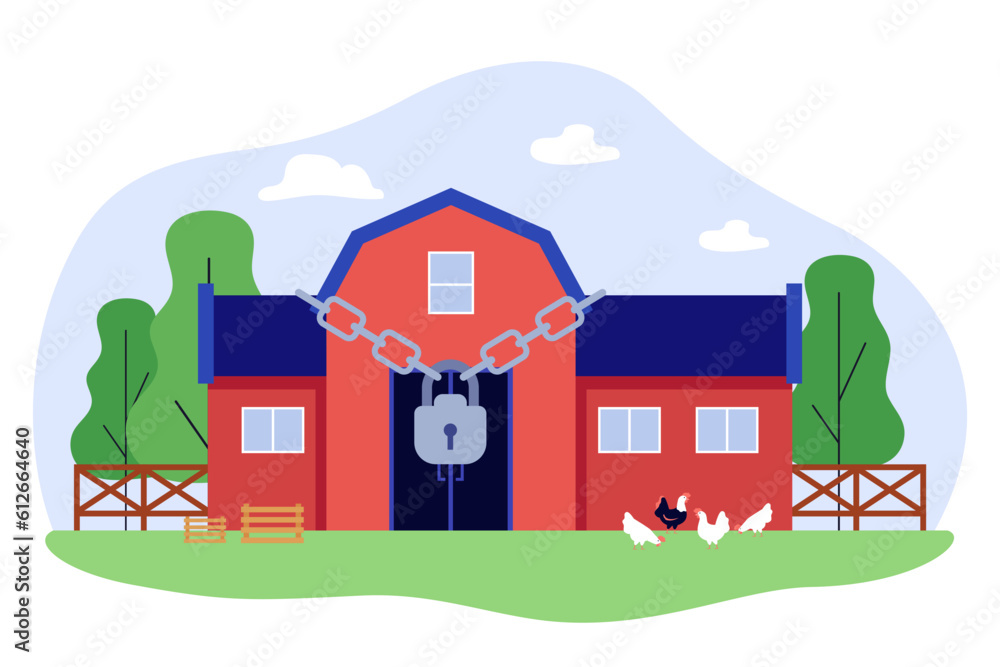 Farm with big lock vector illustration. Livestock farms located near nature reserves closing because of nitrogen emissions. Farm closures, farming, ecology, saving nature concept