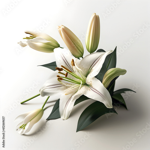 Bouquet of lily lilies flower plant with leaves isolated on white background. Flat lay, top view. macro closeup 