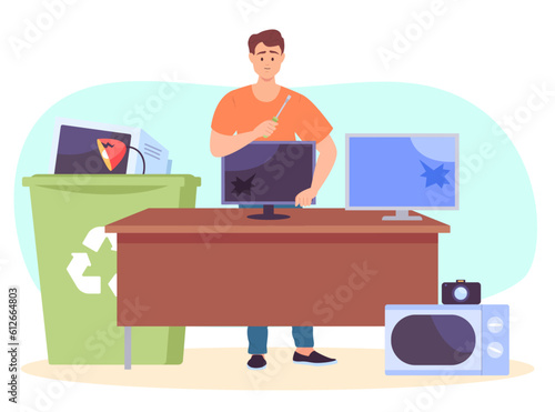 Man fixing broken computer vector illustration. Government programme for repairing defective devices, screens, microwave, camera, TV in trash bin. Fight against e-waste, equipment repair concept