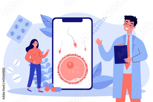 Smartphone screen with IVF scheme vector illustration. Scientist explaining to pregnant woman work of sperm-injecting robots in vitro fertilization. IVF replacement, artificial insemination concept