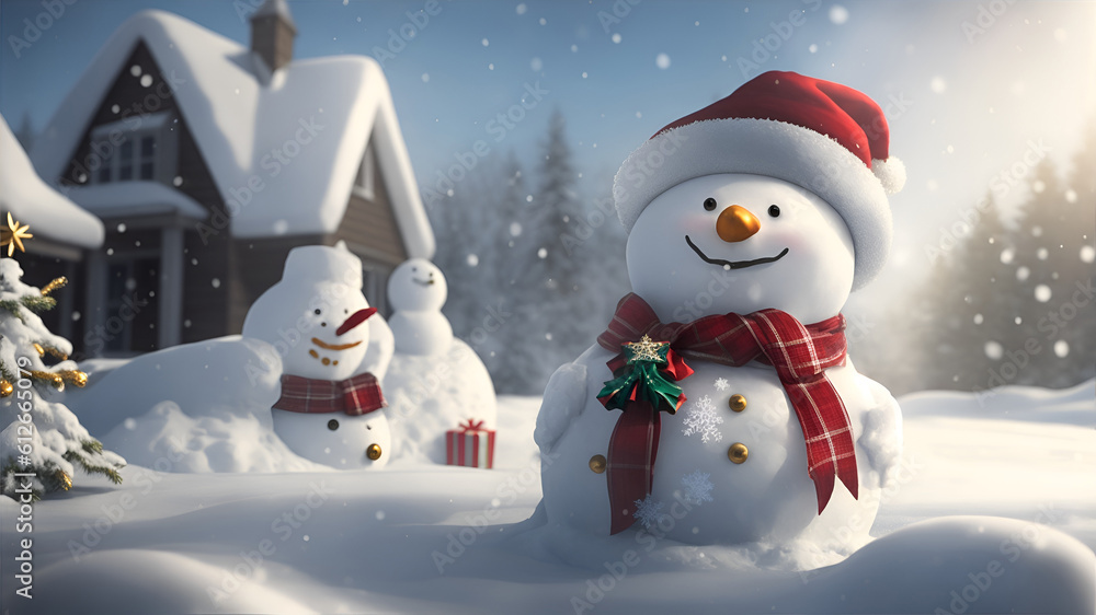 Christmas banner of gift boxes on snow outside with snowman. Generative AI