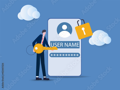 businessman hold key with user account lock with strong lock pad.Strong password for cyber security, high protection and safety for login account, secure data privacy, online authentication concept.