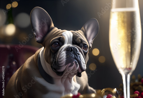 French Bulldog drinking champagne on New Years Eve party. Generative AI © wolfhound911