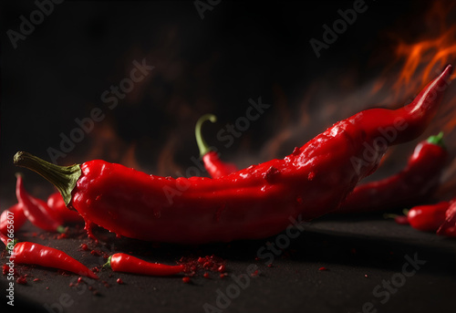 Red hot chili pepper burns on black background. Generative AI