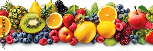 Assortment of Fresh fruits mixed on white background. Fresh fruits. Wide banner. Generative AI