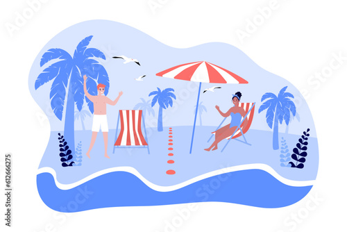 Interracial couple on beach vector illustration. Multiracial man and woman practicing social distancing on summer vacation, sunbathing near sea. Summer, interracial relationship, nature concept