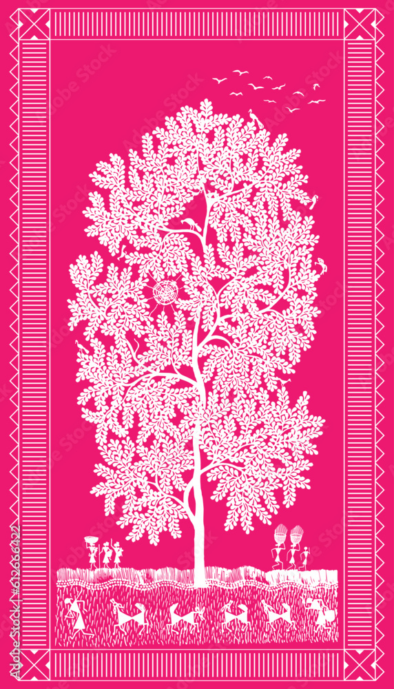 Nature's Embrace Warli Art Depicting the Majestic Tree and Bountiful