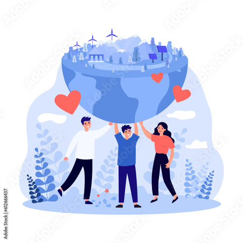 People holding and saving Earth vector illustration. Planet with eco-friendly technology, sustainable energy and solar power batteries. Green living lifestyle, sustainability, ecology concept