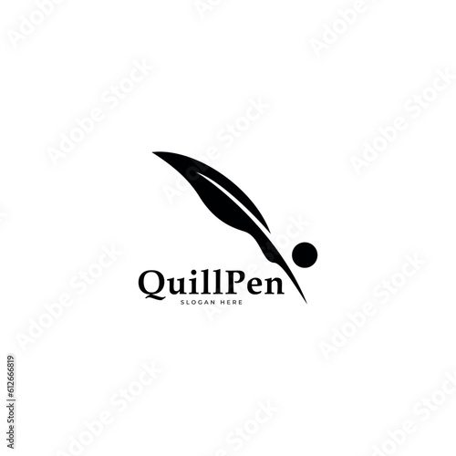 Inkwell and quill logo template. Ink bottle and quill pen vector design.