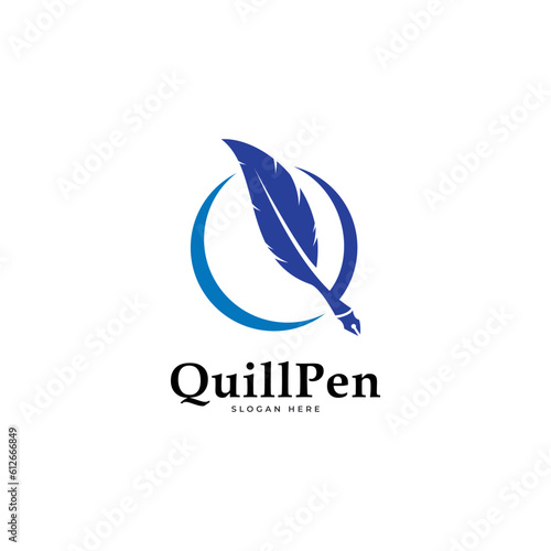 Inkwell and quill logo template. Ink bottle and quill pen vector design.