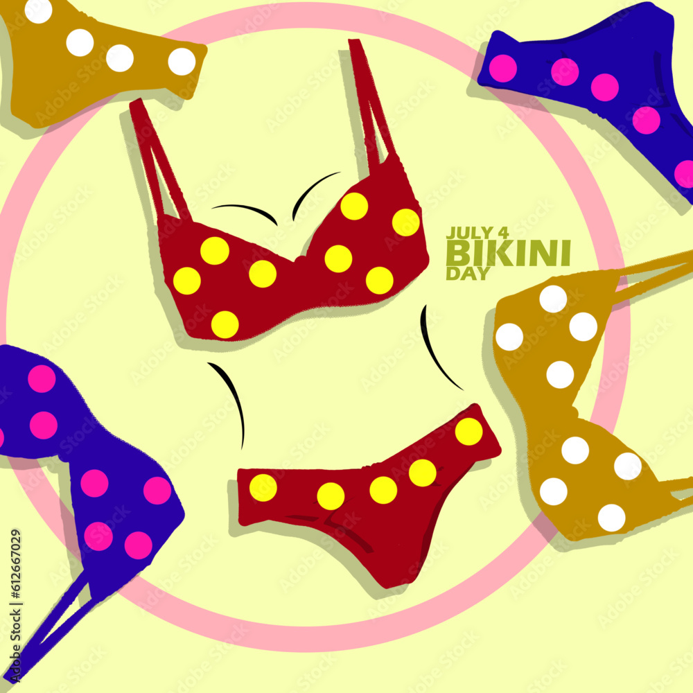 Several bikinis with different colors and bold text on light yellow background to celebrate