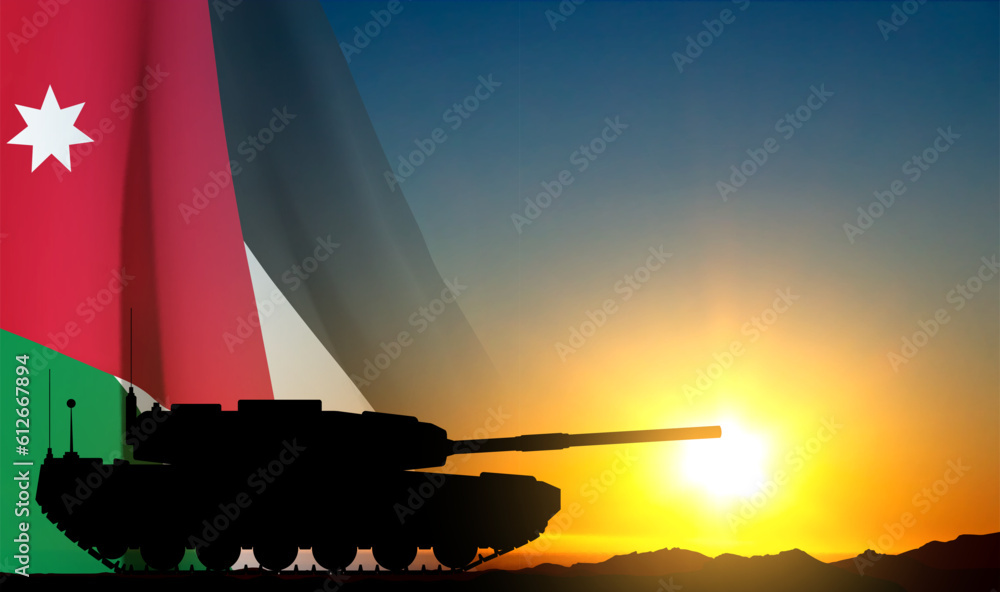 Silhouette of a main battle tank on a battlefield against the sunset with Jordan flag. EPS10 vector