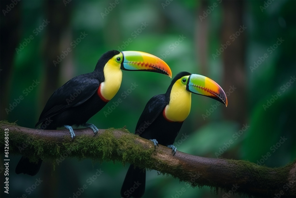 Obraz premium Toucan sitting on a branch in forest green vegetation