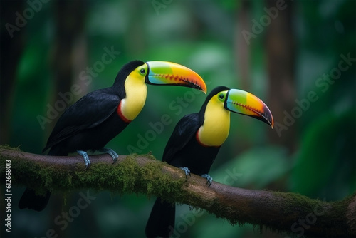 Toucan sitting on a branch in forest green vegetation © imur