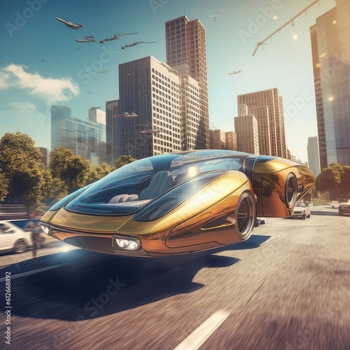 The flying car of the future flies in the city Generative AI © cherezoff