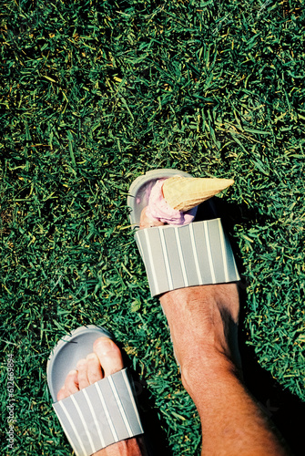 ice cream cone dropped on my feet wearing sandals, 35mm film photo