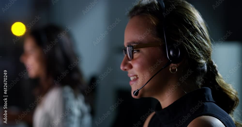 Call center, customer service and face of woman at night talking, contact us and help in office. Communication, network and portrait of female consultant for crm support, consulting and telemarketing