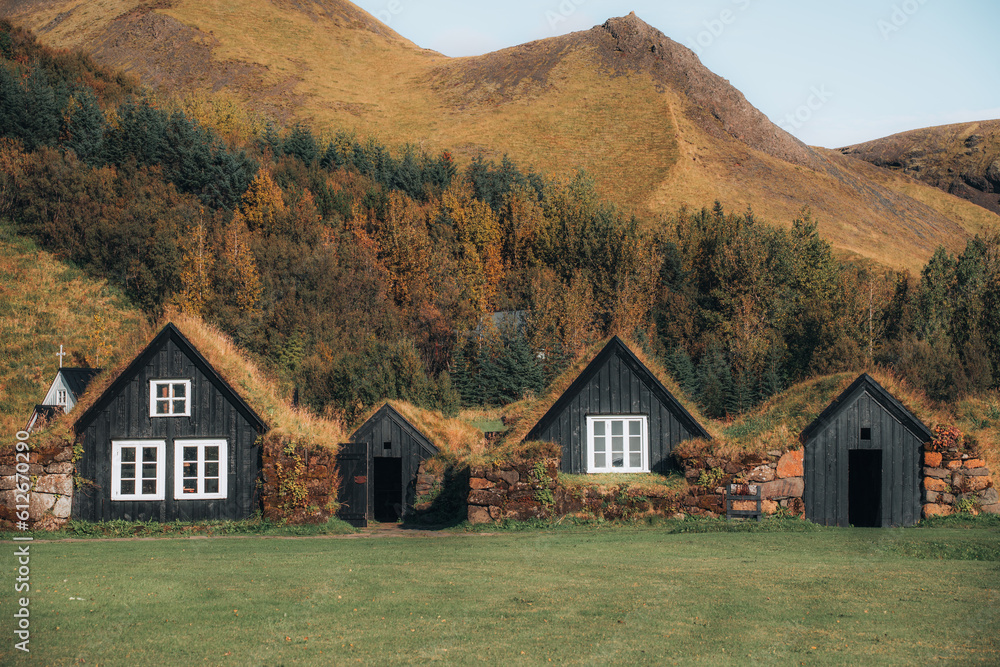 Grass-Roofed Houses In Iceland Among mountains Grass-Roofed Houses In Iceland Among mountains
