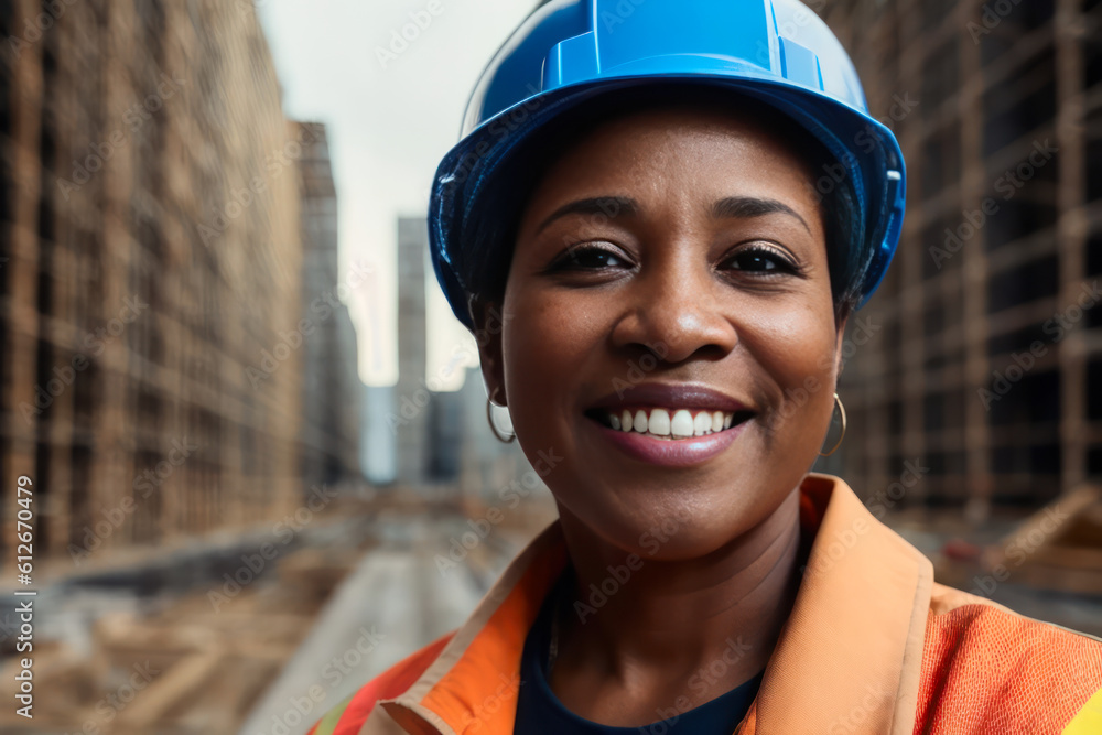 Digital portrait of a smiling senior confident female factory worker standing in construction site. Concept of active age. Generative AI Digital portrait of a smiling senior confident female factory worker standing in construction site. Concept of active age. Generative AI