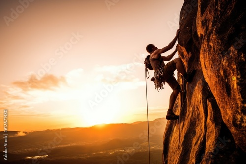 Adventurous Thrills: Rappelling Down a Mountain, Climbing with Ropes at Sunset, generative AI