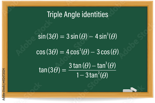 Triple Angle Identities. Trigonometry Formula on a green chalkboard. School. Math. Vector illustration. 