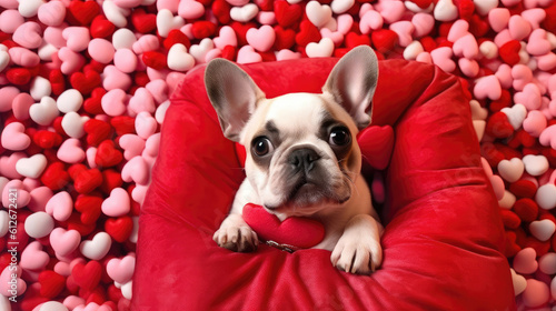 Cute puppy dog with love hearts. Valentines day concept. Generative ai  © Sattawat