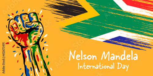 hand drawn banner nelson mandela international day illustration with hand and flag photo