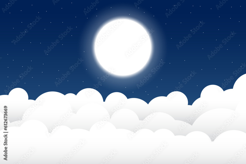 vector illustration fluffy clouds night scene with moon and stars