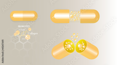 Probiotic and Hyaluronic acid skin solutions ad, gold collagen and vitamin capsule, and vitamin serum drop with cosmetic advertising background ready to use illustration vector.