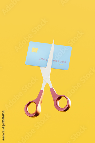 Scissors cutting debit / credit card. Reduce / pay off debt concept.