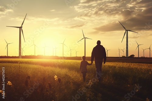 Young engineer man caring for his daughter and looking at the windmill field at sunset concept of renewable energy love nature family electricity green future