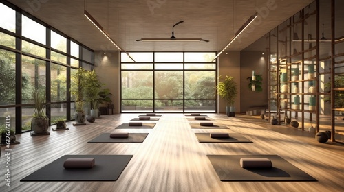 Yoga gym with a modern concrete interior. Generative AI