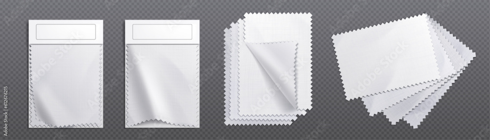 Realistic set of blank fabric swatches isolated on transparent