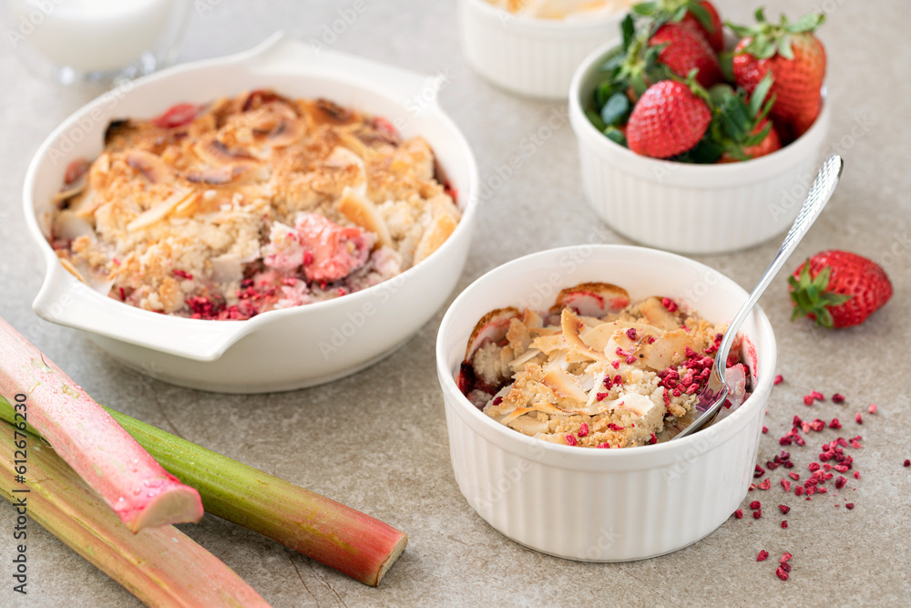 Rhubarb and strawberry gluten and sugar free crumble. Rhubarb and strawberry gluten and sugar free crumble.