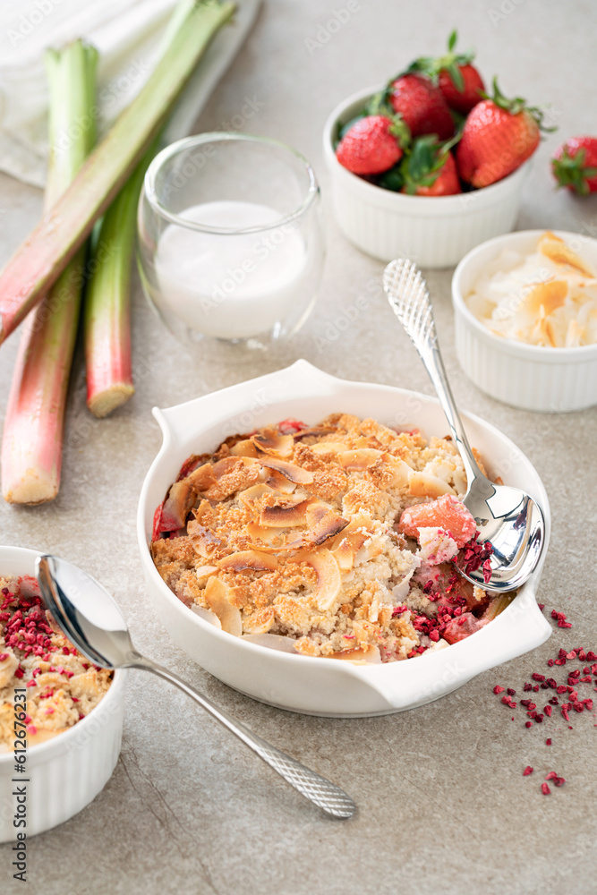 Rhubarb and strawberry gluten and sugar free crumble. Rhubarb and strawberry gluten and sugar free crumble.