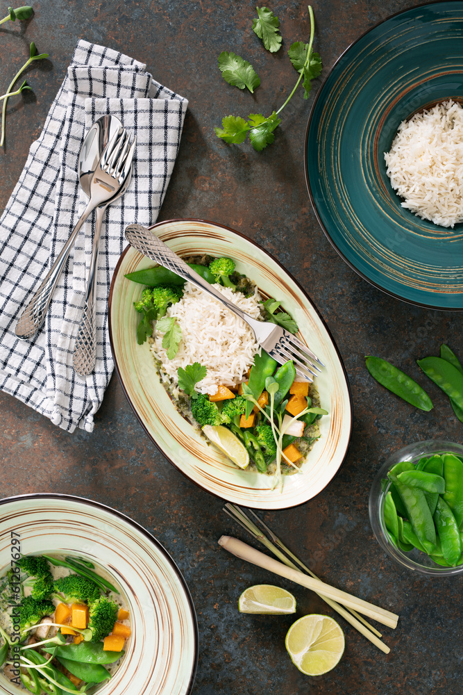 Healthy green vegan curry with rice and organic vegetables Stock Photo ...