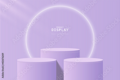 Purple 3d cylinder podium pedestal or product display stand realistic with glowing neon light ring and vertical background. Minimal wall scene for mockup or product display presentation. eps 10