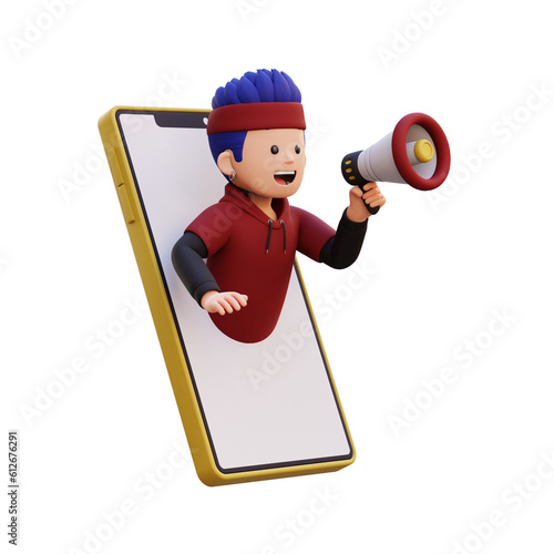 3d male character jumping out from smart phone screen and holding a megaphone