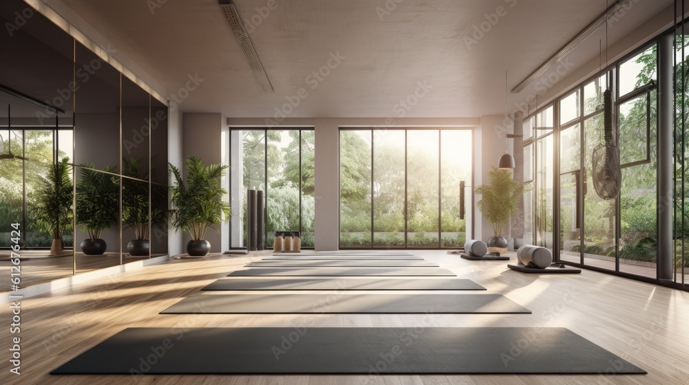 Yoga gym with a modern concrete interior. Generative AI Yoga gym with a modern concrete interior. Generative AI